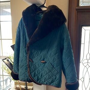 Venus Teal Quilted Jacket with Faux Fur Trim hood
